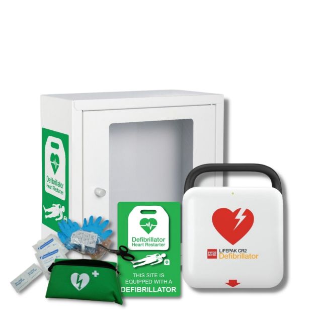 Public access defibrillator green Defib Store cabinet with wing handle for emergency access, and various defibrillation equipment including a LIFEPAK CR2 defibrillator, AED wall sign, first-aid supplies, and an information kit