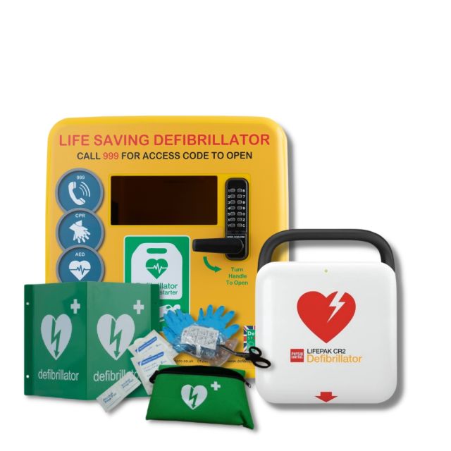 Public access defibrillator yellow cabinet with keypad for emergency access, and various defibrillation equipment including a LIFEPAK CR2 defibrillator, AED wall sign, first-aid supplies, and an information kit