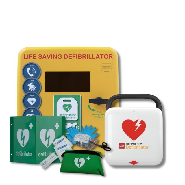 Public access defibrillator green Defib Store cabinet with wing handle for emergency access, and various defibrillation equipment including a LIFEPAK CR2 defibrillator, AED wall sign, first-aid supplies, and an information kit
