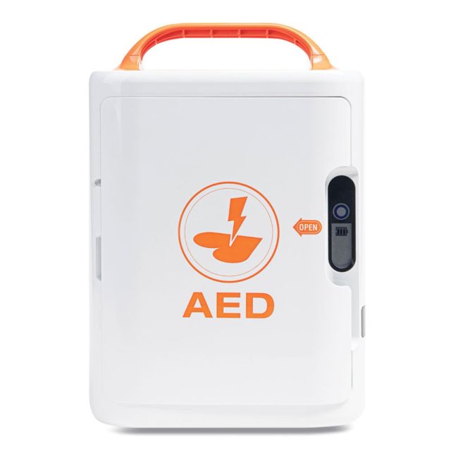 Mediana HeartOn A16 semi-automatic defibrillator front view showing orange and white device with closed protective cover and visible status indicator
