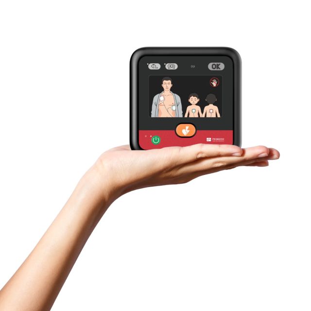 The heartsave myPAd that fits in the palm of your hand shows how compact, lightweight and portable this lifesaving device is.