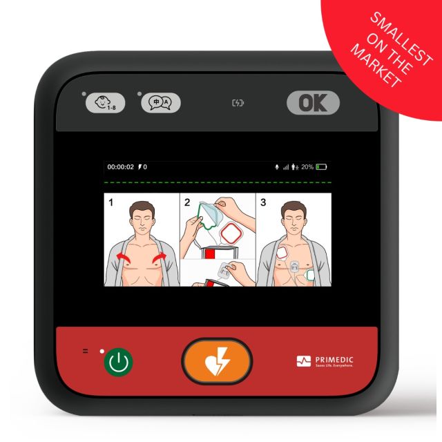 The Primedic HeartSave myPAD with 4"3 LCD screen that gives the rescuer visual rescue and CPR instructions. The front view of the device also shows the battery status, time, number of shocks delivered and more. 