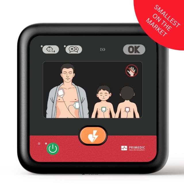 Primedic Heartsave myPAD- lightweight, portable AED. The front view with graphics, language button, Language change button, rescue ready status button and the shock button.