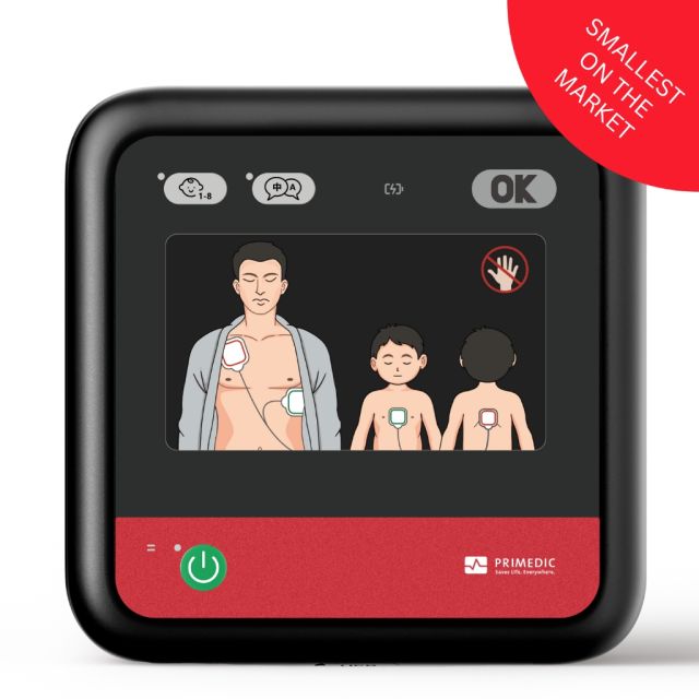Primedic Heartsave myPAD Core front view with graphics of adult/child pad placement. You can also find the on'off button, child mode, language button and the rescue ready status indicator.