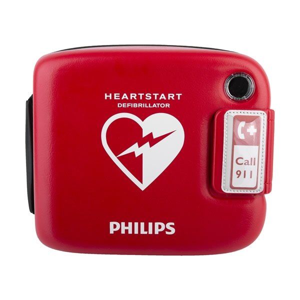 Philips Heartstart FRx Defibrillator Red, Rigid Carry Case.

Defibrillator heart logo on the front, with sign to call 999 in an emergency, and a viewing window to check on the defibrillator readiness