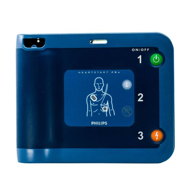Front face of semi-automatic Philips Heartstart FRx defibrillator showing pad placement on adult patient with push to shock button