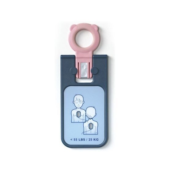 Philips FRx Defibrillator Infant key with small pink handle and graphics showing electrode pad placement on paediatric patient
