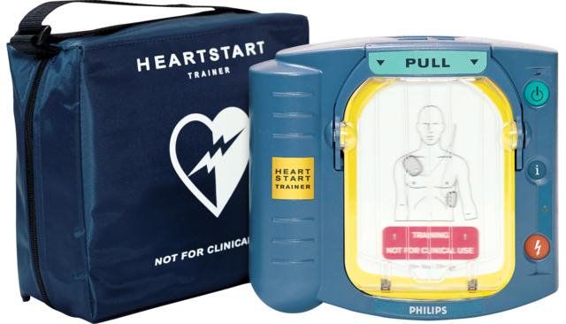 Philips HS1 Training Defibrillator next to the Soft Carry Case - Perfect for CPR training and learning how to use an AED in emergency situations.