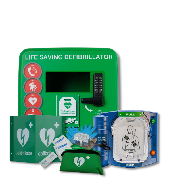 Philips FRx Semi-Automatic Defibrillator next to Yellow, Defib Store 4000 Locked Outdoor Defibrillator Cabinet next to 3D Metal Outdoor Defibrillator Wall Sign and Defib Store Rescue ready Kit