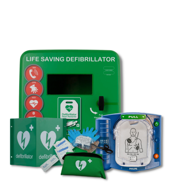 Philips HS1 Semi-Automatic Defibrillator next to green, Defib Store 4000 Unlocked Outdoor Defibrillator Cabinet next to 3D Metal Outdoor Defibrillator Wall Sign and Defib Store Rescue ready Kit