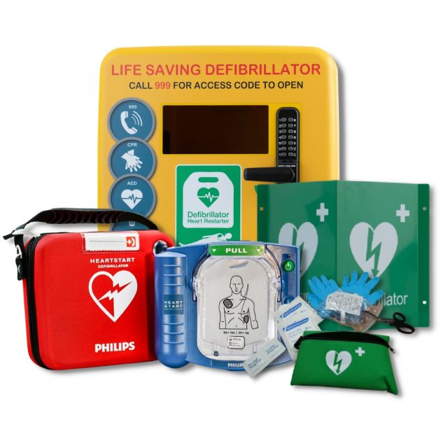 Philips FRx Semi-Automatic Defibrillator next to Yellow, Defib Store 4000 Locked Outdoor Defibrillator Cabinet next to 3D Metal Outdoor Defibrillator Wall Sign and Defib Store Rescue ready Kit