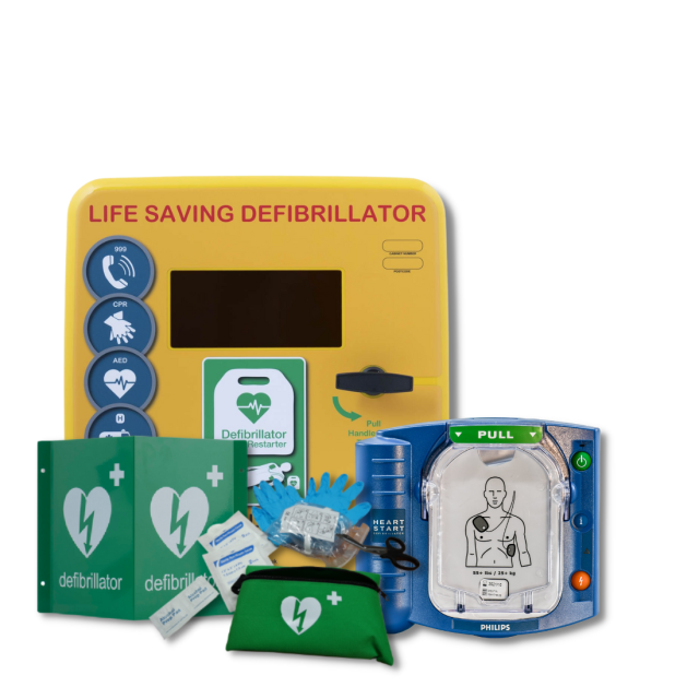 Philips HS1 Semi-Automatic Defibrillator next to Yellow, Defib Store 4000 Unlocked Outdoor Defibrillator Cabinet next to 3D Metal Outdoor Defibrillator Wall Sign and Defib Store Rescue ready Kit