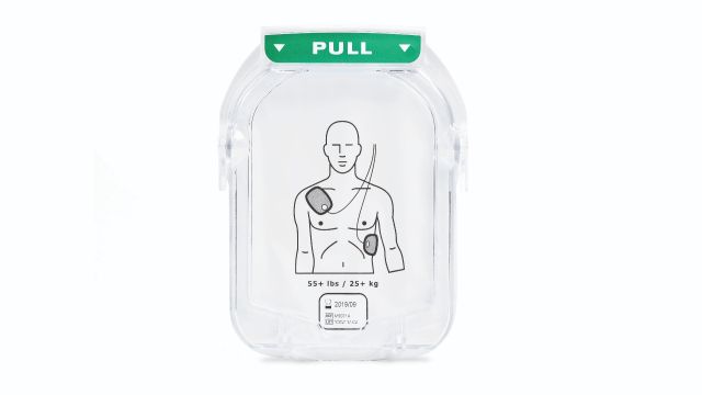 Electrode pads for Philips Heartstart HS1 defibrillator showing adult patient graphic with optimum pad placement