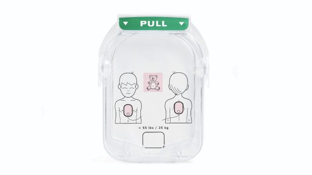 Paediatric electrode pads for Philips Heartstart HS1 defibrillator showing infant patient graphic with optimum pad placement