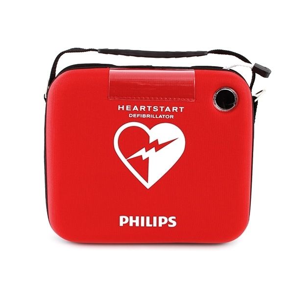 Philips Heartstart HS1 Semi-Automatic Defibrillator Slim Red Carry Case with Philips logo on the front with clear defibrillator inspection window
