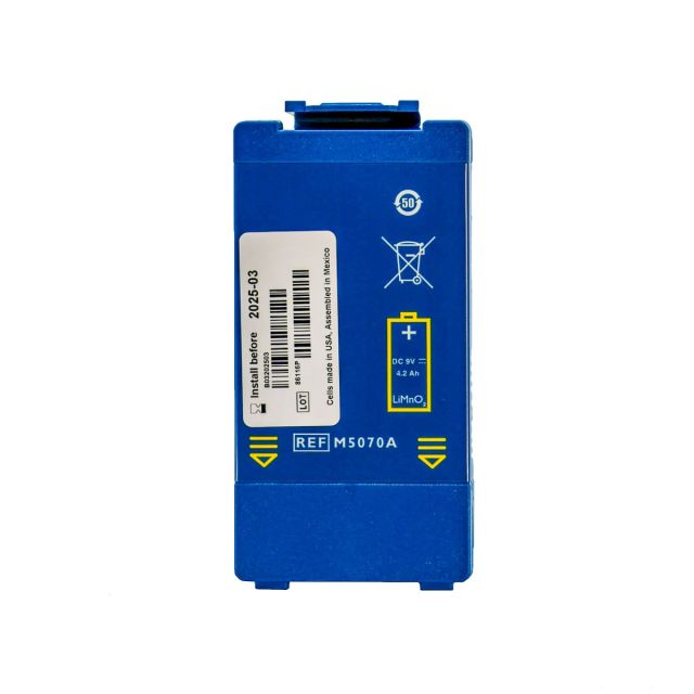 Front face of replacement defibrillator battery for Phillips Heartstart HS1 or FRx defibrillator