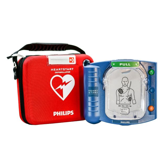 Philips Heartstart HS1 Semi-Automatic Defibrillator next to red carry case with carry handle.