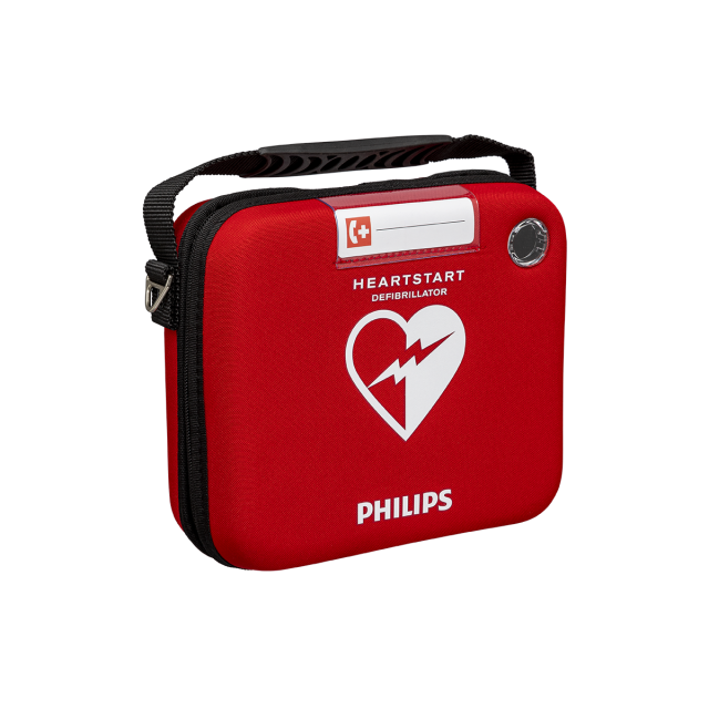 Philips Heartstart HS1 Semi-Automatic Defibrillator Slim Red Carry Case with Philips logo on the front with clear defibrillator inspection window