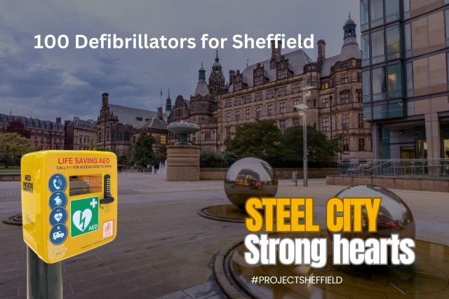 An image with Sheffield peace gardens with a public access defib and cabinet 