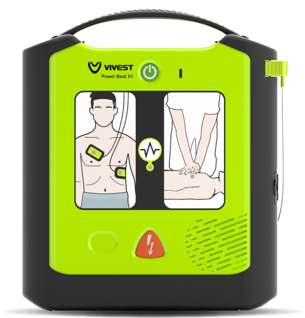 ViVest Power Beat x1 Semi-Automatic Defibrillator. A lime green, portable defibrillator with black, rubberised outer case to protect against drops from 1.5 metres. It has a graphic on the front to show perfect electrode pad placement on a patient.