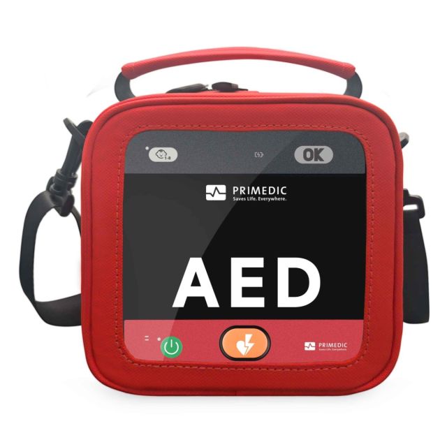 Primedic HeartSave myPAD Carry Case in signal red, front view, showing transparent status window and AED labelling