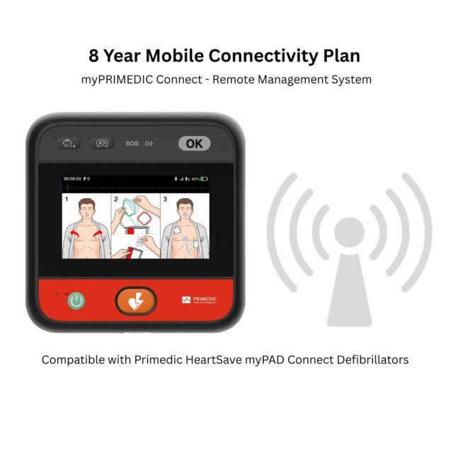 Primedic HeartSave myPAD Connect defibrillator with mobile connectivity signal icon, representing the 8 Year Mobile Connectivity Plan for the myPRIMEDIC Remote Management System