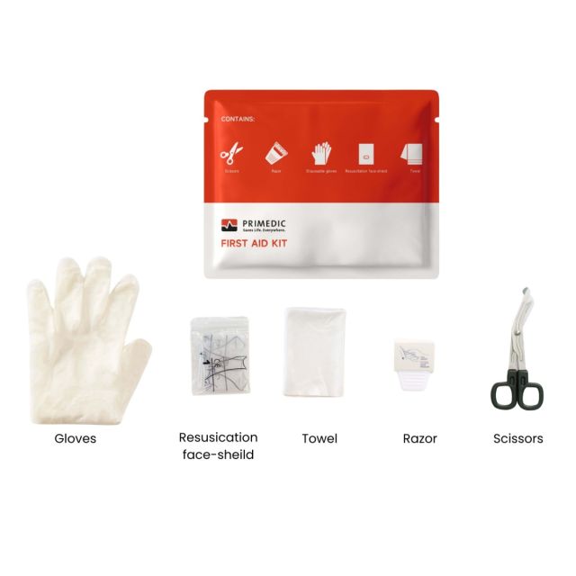 Primedic HeartSave myPAD first aid kit (rescue ready kit) containing razor, resuscitation face shield, disposable cloth and scissors, SKU 98192