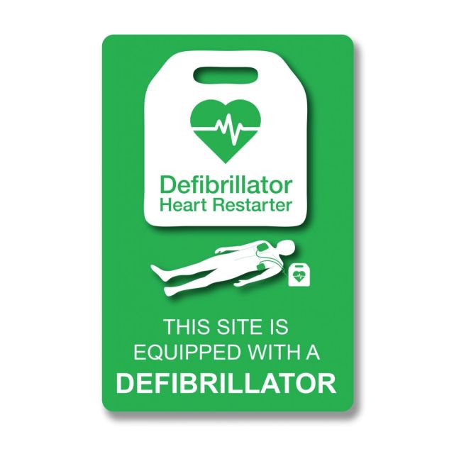 Green defibrillator wall sign with white graphics reading 'This site is equipped with a defibrillator' and the universal defibrillator logo