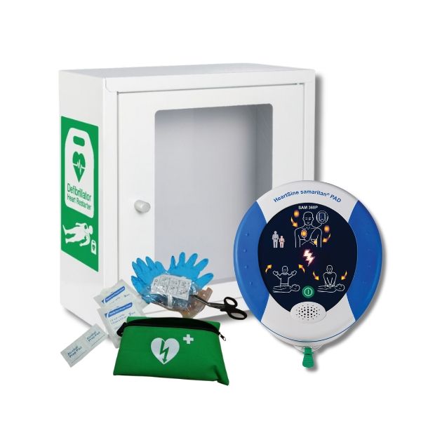 HeartSine Samaritan 360P defibrillator in a protective indoor cabinet with a defib store rescue ready kit 