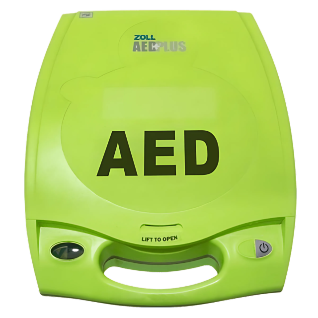 A green ZOLL AED Plus defibrillator with AED on the front