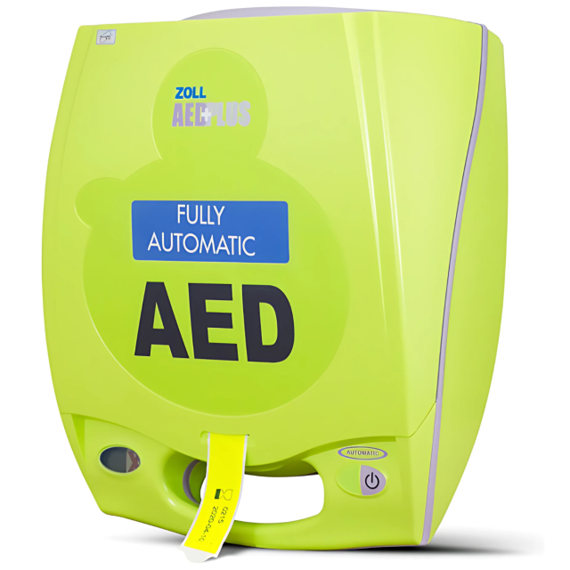 A green ZOLL AED Plus defibrillator with AED on the front