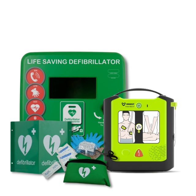 Defib Store 4000 Unlocked Defibrillator Cabinet alongside ViVest Power Beat X1 Semi-Automatic Defibrillator, a 3D Defibrillator wall sign and a rescue ready kit with nitrile gloves, tough cut scissors and accessories to help with sudden cardiac arrest