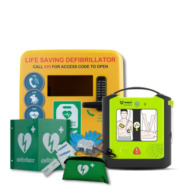 Defib Store 4000 Locked Defibrillator Cabinet alongside ViVest Power Beat X1 Semi-Automatic Defibrillator, a 3D Defibrillator wall sign and a rescue ready kit with nitrile gloves, tough cut scissors and accessories to help with sudden cardiac arrest