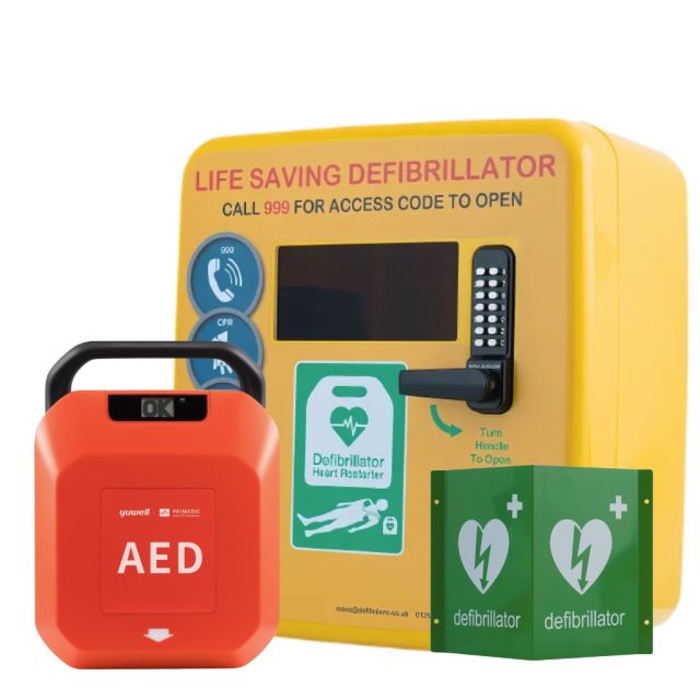 Complete Semi-Automatic AED and Cabinet Package with 3D Wall Sign and Rescue Ready Kit – Defibrillator for UK Public Access