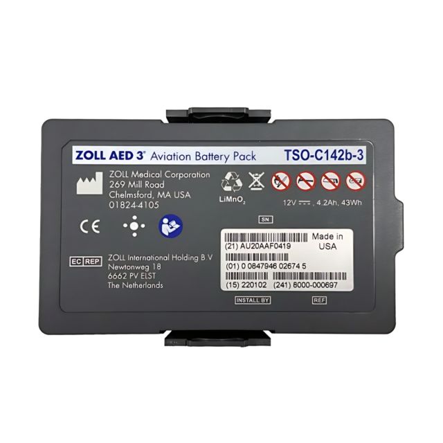 ZOLL AED £ aviation edition battery. This is the outside view of the battery and has label information visible. 