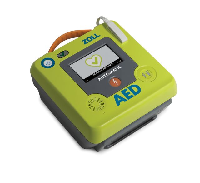 Green ZOLL fully automatic defibrillator with LCD touchscreen showing no shock delivered message