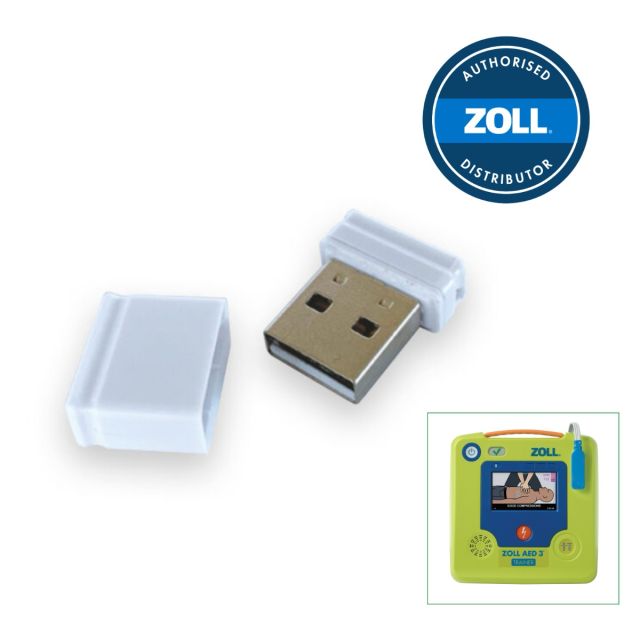 ZOLL AED 3 Trainer USB Software Upgrade Kit with USB stick, ZOLL AED 3 Trainer device, and ZOLL Authorised Distributor logo