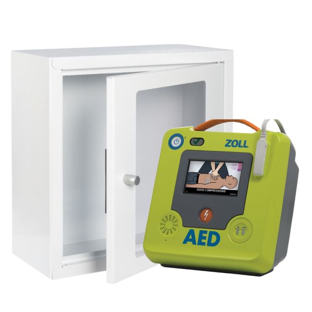 Indoor Alarmed Defibrillator Cabinet with ZOLL AED 3 defibrillator, and a rescue ready kit