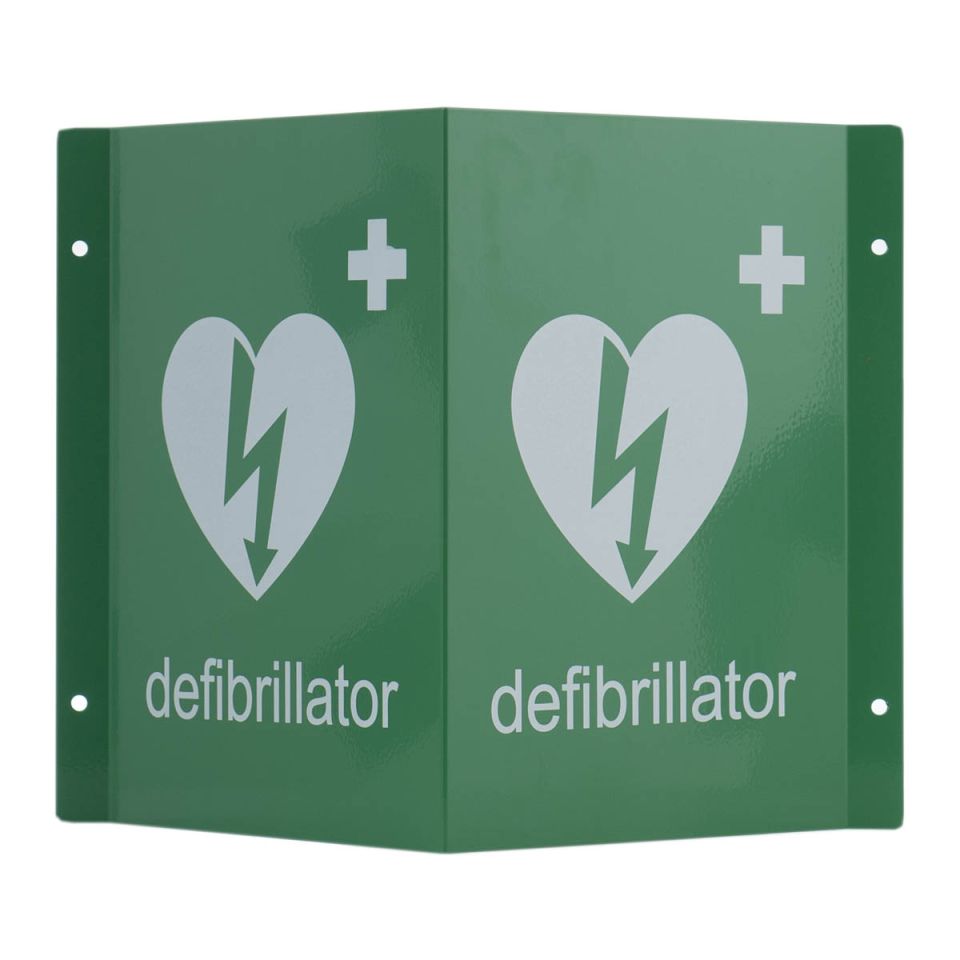 Green metal wall sign with universal defibrillator logo