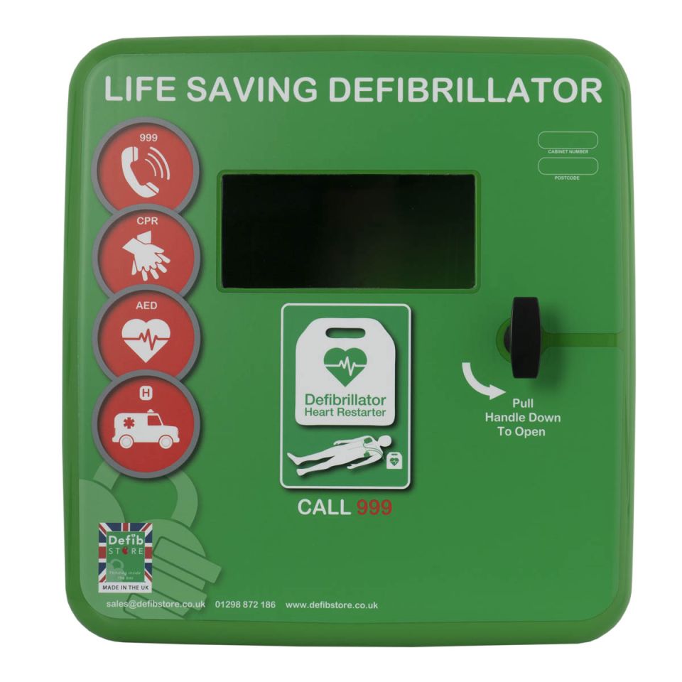Front façade of green, polycarbonate defibrillator cabinet unlocked, large viewing window and stages of a rescue graphics