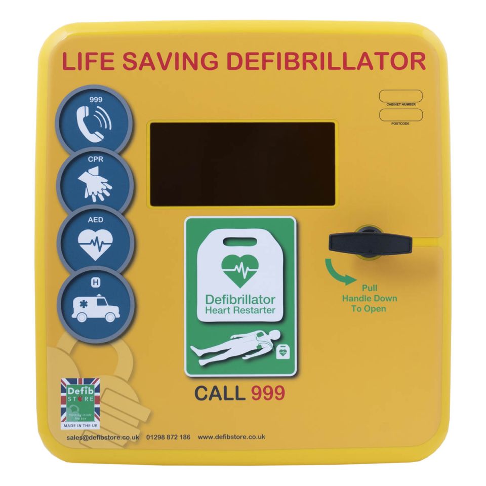 Front façade of yellow, polycarbonate defibrillator cabinet unlocked, large viewing window and stages of a rescue graphics