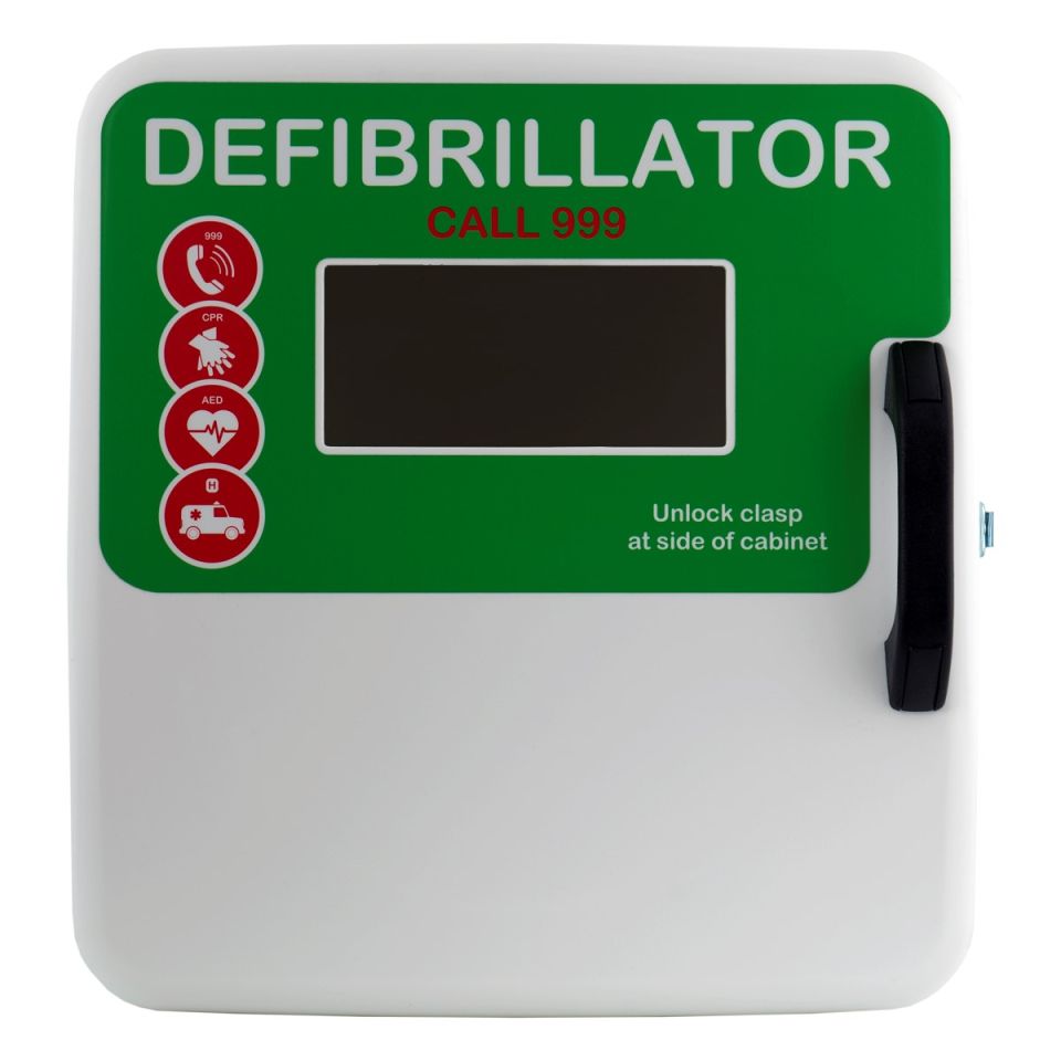 Front façade of Defib Store 5000 Indoor defibrillator cabinet - white, polycarbonate defibrillator cabinet with black handle and rescue stages graphics