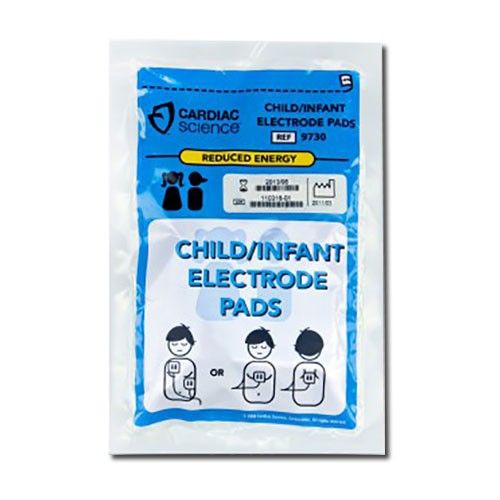 Paediatric electrode pads for Cardiac Science Powerheart G3 defibrillator within packaging showing pad placement on infant patient