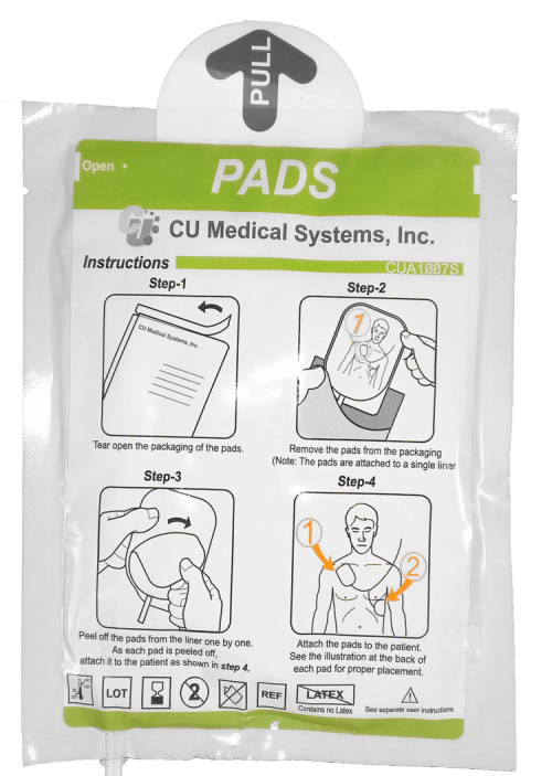 Packaging of the electrode pads for the iPAD SP1 defibrillator showing pad placement on adult patient 