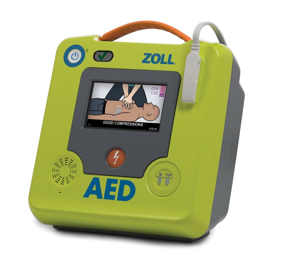Green ZOLL semi-automatic defibrillator with LCD touchscreen showing CPR animation and good chest compressions