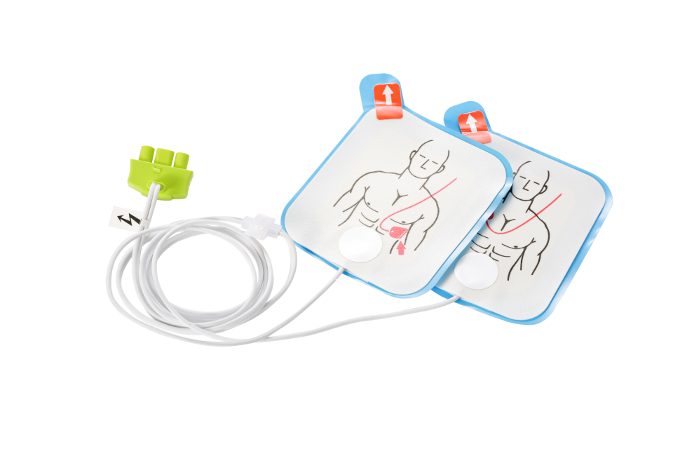 ViVest Power Beat X1 and X3 Semi-Automatic Defibrillator electrode pads. Showing adapter for connecting to the defib, and pad placement instructions on the patient's chest