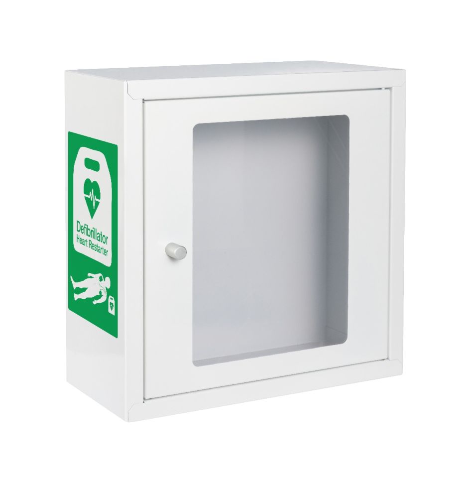 White metal defibrillator cabinet with small chrome handle, large, clear viewing window and defibrillator logo on the side