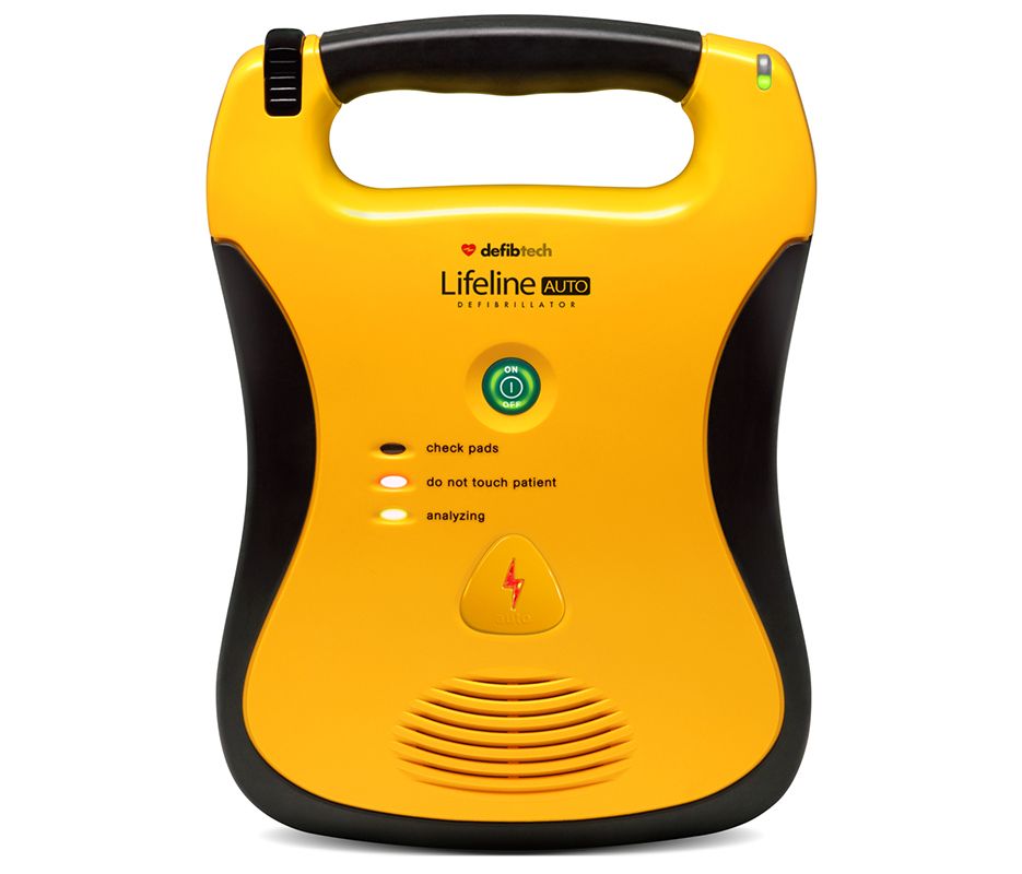 Defibtech Lifeline AED Fully Automatic defibrillator - a yellow public access defibrillator with black, rubberised sides, bottom and handle for rugged use and shock absorption. 