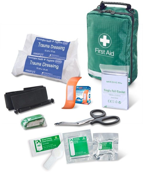 Defib Store Bleed Control Pack showing pack contents:

1 x Guidance note
2 x large trauma dressings
1 x strap tourniquet
1 x Tourniquet (SOF®)
1 x Foil blanket
1 x Tuff Cut Scissors
1 x Box haemostatic plasters
1 x haemostatic dressing (10cm x 1m