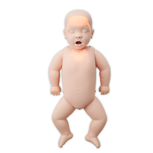 An infant CPR manikin showing the white illumination lights across the chest and forehead, which illuminate and show the direction of blood flow when effective CPR is being delivered. 